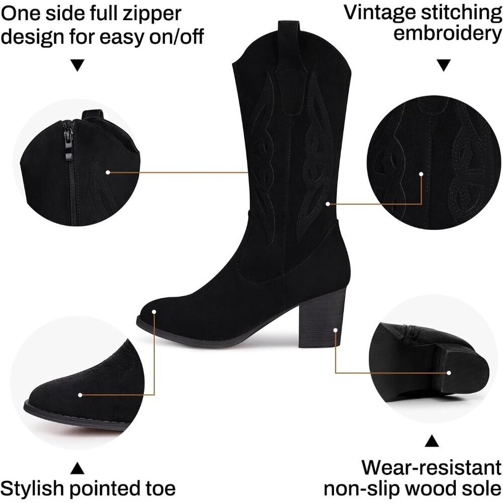Women 1828-black Suede leather Embroidered Country Heel Pointed Toe Booties - Picture 5 of 6